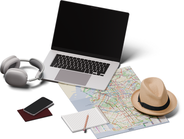 Isometric view of desk with laptop and travel map PNG, SVG