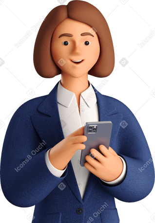 3D businesswoman in blue suit with phone looking straight PNG、SVG