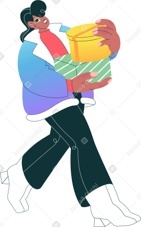 woman in coat walking with present boxes Illustration in PNG, SVG