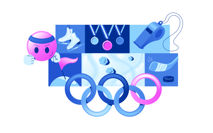 Winter Olympics. Running emoji with medals, ice skates, and whistle Illustration in PNG, SVG