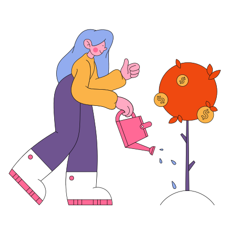 Иллюстрация Девушка поливает денежное дерево в PNG и SVG