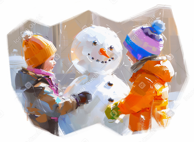 Pintura al óleo de niños construyendo un muñeco de nieve PNG, SVG