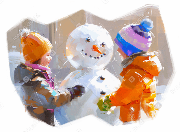 Ölgemälde von kindern, die einen schneemann bauen PNG, SVG